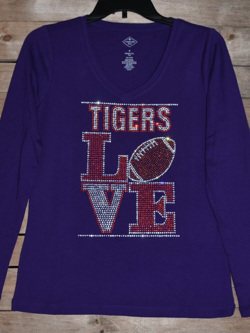 Tigers Football LOVE rhinestone purple LS shirt XS S M L XL XXL 1X 2X 3X 4X 5X